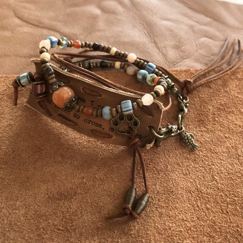 Bohemian Cat & Vintage Leather Tug Bracelet 