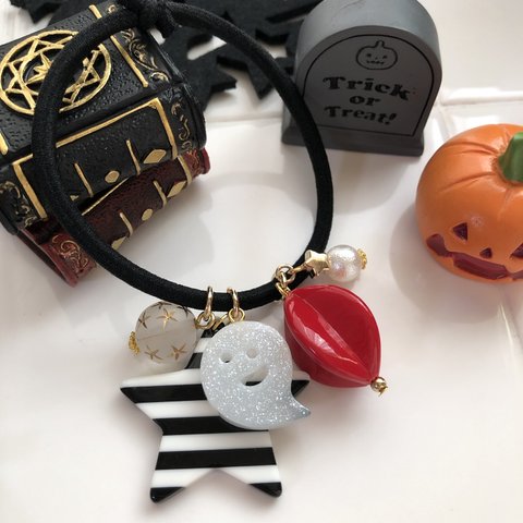 【SALE】送料無料 シャラランヘアゴム ハロウィンヘアゴム オバケ レジンアクセサリー ビーズアクセサリー