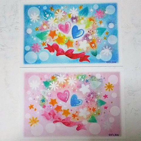 花とハートのイラストポストカード2枚セット　パステルアート絵葉書