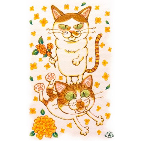 【色鉛筆画】猫🐈と、金木犀🌼イラスト原画