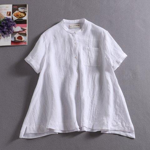 ラフで爽やかな極上リネンシャツ　トップス　リネン100％　半袖シャツ　ホワイト190710-7