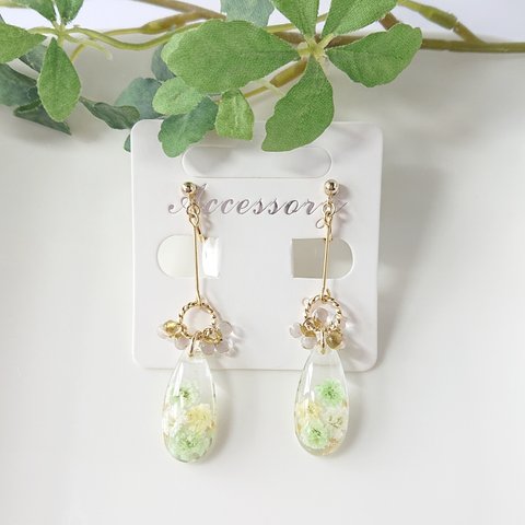 【グリーン】雫の花とビーズが奏でるイヤリング/ピアス/ノンホールピアス(288)