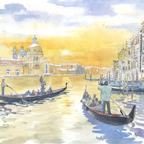 水彩画で描く風景『イタリア・ベネチュア』水彩画　A4　インテリア　絵画　季節　イラスト
