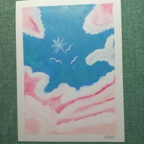 オイルパステル画  ピンク色の雲と青空  原画１点物  A4サイズ