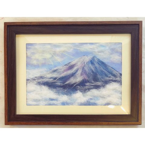 和紙ちぎり絵『光りさす雲海の富士』葉書サイズ原画