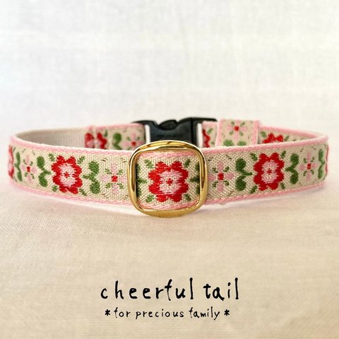 猫首輪＊レトロで大きな花柄刺繍(ピンク)