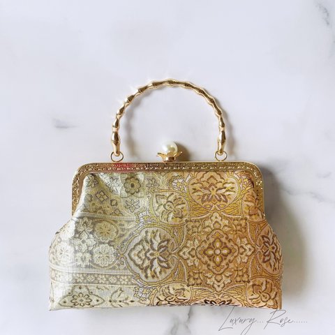 新作1点物！！京都西陣服部織物の幻想的なJewelry箔の煌めき上品ゴールドパーティーバッグ帯バッグフォーマルバッグ