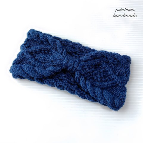 【完成品】1個限定・藍色のアラン模様のニットターバン*2wayヘアバンド*手編み