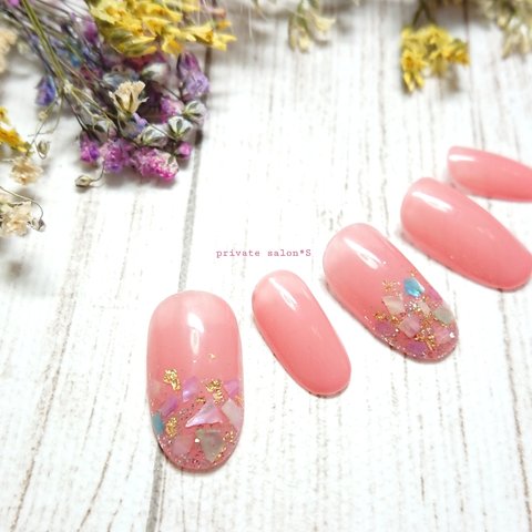 sheer pink shell design シェルネイル ピンクネイル ネイルチップ 春ネイル テープ付