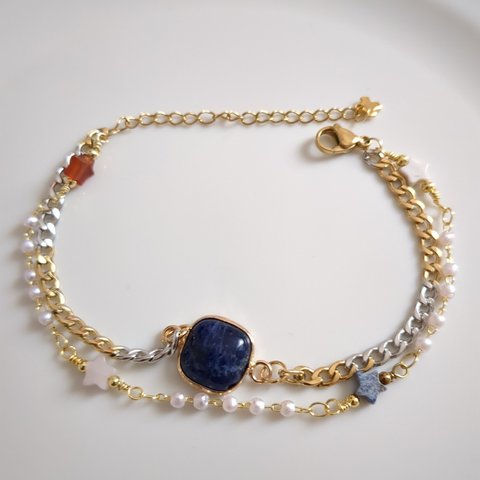 Sodalite〜パールと天然石のじゃらじゃらブレスレット〜