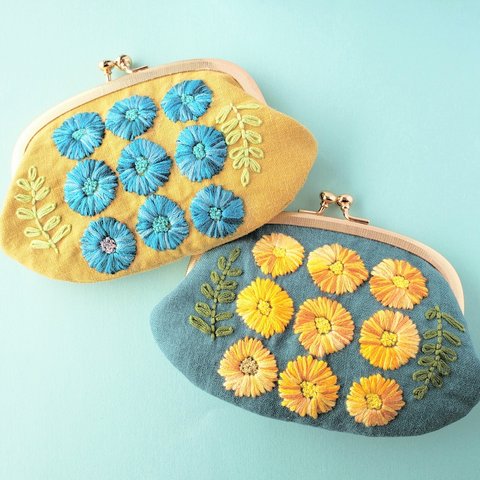 小紋菊のがま口 刺繍がま口 大 和柄 リネン