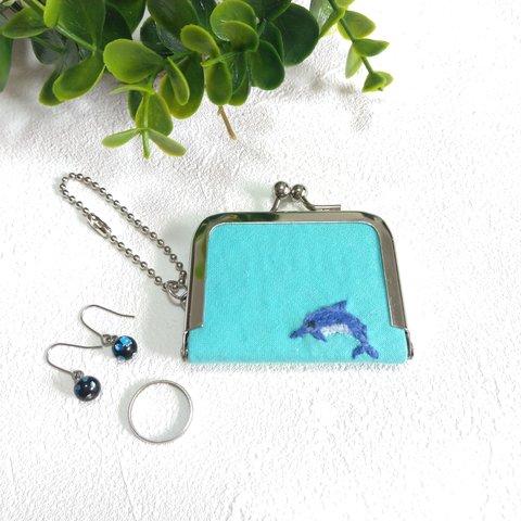 アクセサリー ケース がま口 ピアス 指輪 刺繍 イルカ いるか 青 水色　