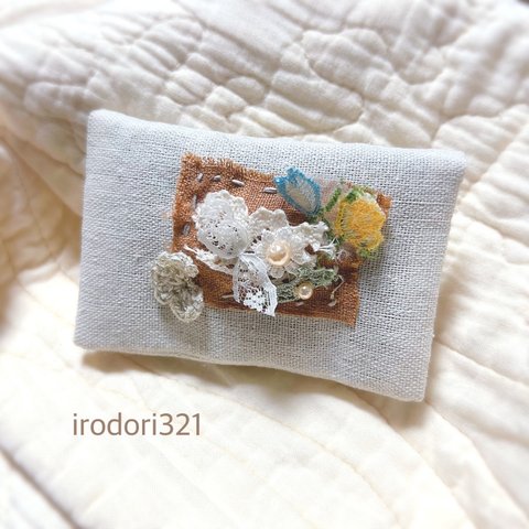 ★送料無料★             軽量 収納たっぷり カードケース   レース ナチュラル 刺繍 麻 リボン キーケース 名刺入