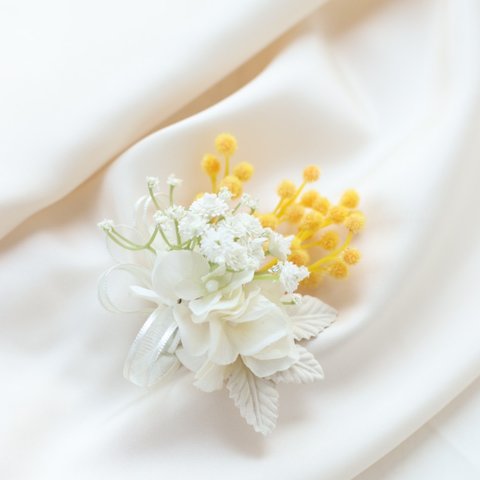 ミモザの花束コサージュ2022  春色選べるリボン　ケース付き 入学式 卒業式  入園式 卒園式　結婚式　