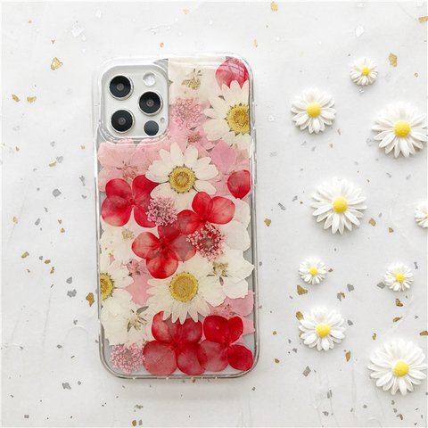 ❤レッド系 スマホリング 押し花ケース iPhone14Pro/13/SE/XPERIA10IV/GalaxyS23/AQUOS iPhoneケース スマホケース 