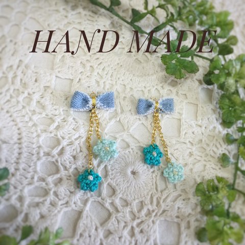 【再販】デニムリボンと小花のイヤリング・ピアス♡ミントグリーン