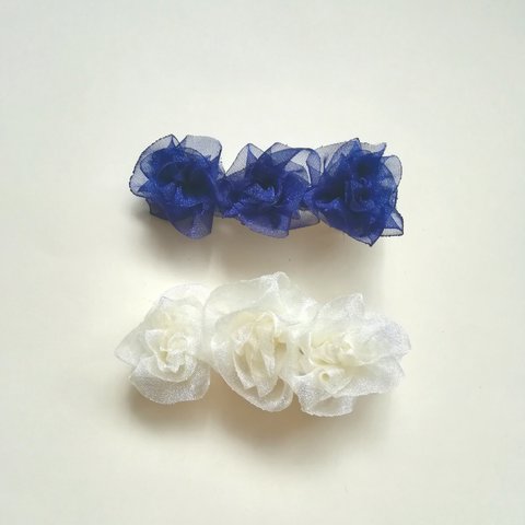 ラッピング無料☆リボンのミニ薔薇 バレッタ ヘアクリップ リボンフラワー カラーバリエーション オーガンジー