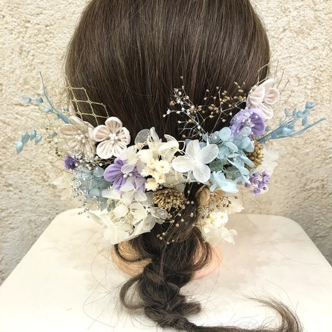 つまみ細工×ドライフラワー髪飾り　ナチュラルbouquet パステルmix