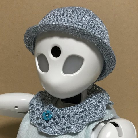 026セット　ラメニット帽子・つけ襟　ボタン止め　モチーフ付き　のみです。服は販売しておりません。分身ロボットオリヒメ用