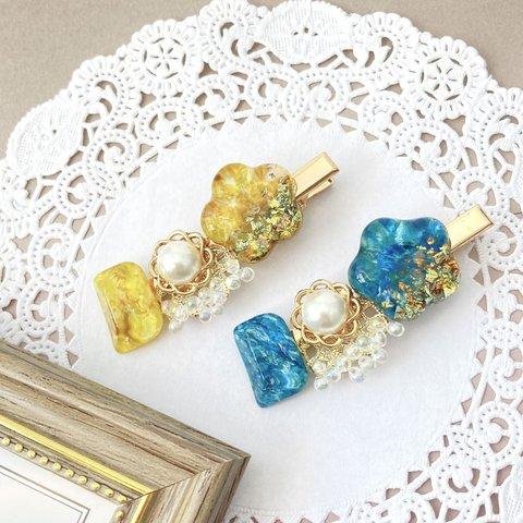 【 ヘアクリップ 】絵画風 フラワー 花 レジン ビーズ 手描き オーロラ