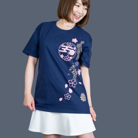 和柄Tシャツ（半袖・紺）桜・紋 Mサイズ