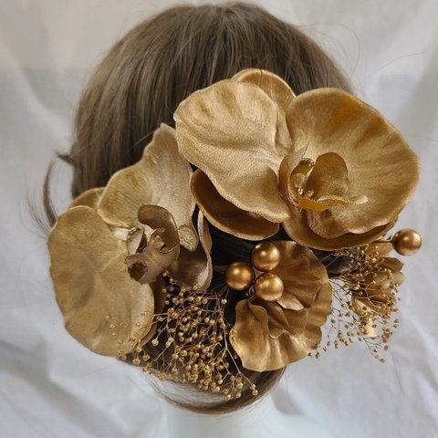 送料込み)オリジナル髪飾り「胡蝶蘭」２輪ゴールド成人式結婚式和装