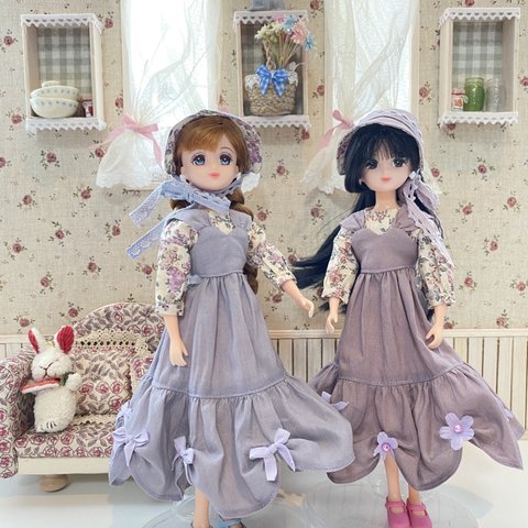 くすみ色ローンのジャンパースカート&ブラウス&ボンネット★ナチュラルカントリー ★ holy-doll