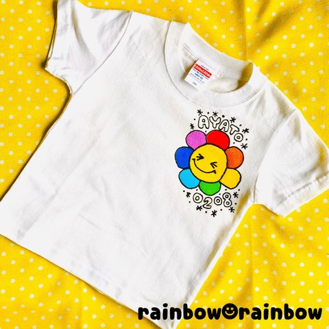 〖 受注製作 〗手描きTシャツ：Rainbow Flower Tシャツ🌈🌼