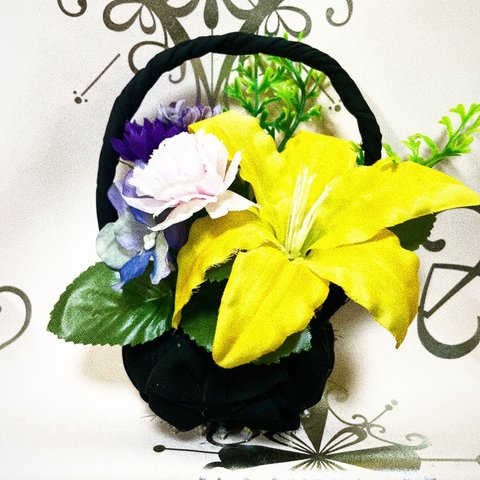 大切な故人への天国へのプレゼント　Flower basket  着物リメイク　仏具花　　🌺🌺仏具　造花　供養　お彼岸　お手頃サイズ　贈り物　