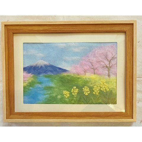 和紙ちぎり絵『富士と河津桜』葉書サイズ原画