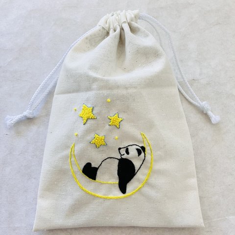  手刺繍 巾着袋 【おやすみパンダ】