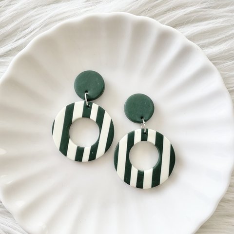 Deep green stripe pattern hoop earrings