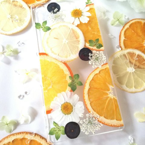 【全機種対応】オレンジとレモンの押し花スマホケース