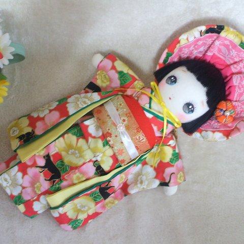 文化人形  37㎝　昭和レトロ　ハンドメイド　お着物　赤地に花柄
