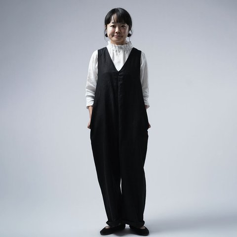 【wafu】Linen overalls オールインワン / ブラック b007b-bck2