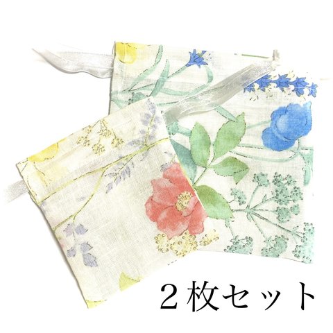 【2枚セット】巾着 プレゼント ギフトラッピング袋 小物入れ(リネン・花柄)