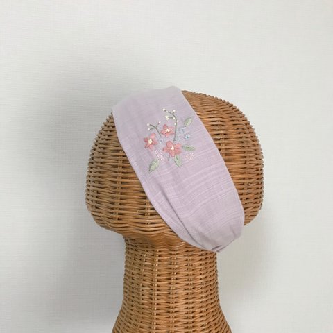 お花手刺繍ダブルガーゼのヘアターバン 