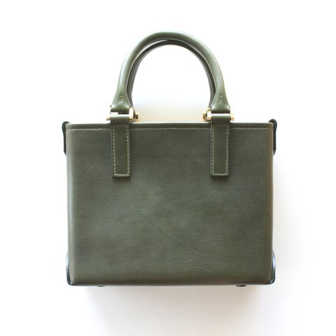 小さな四角い手縫いハンドバッグ （イタリアンオイルレザー　緑）No.001