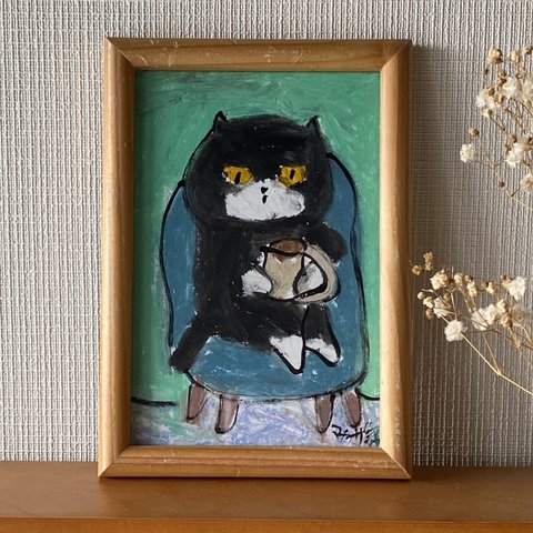 絵画。原画【椅子でゆっくりコーヒーを飲む黒猫】