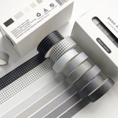 8巻 海外和紙テープ BLACK WHITE 黒 白 無地 格子 マスキングテープ グーカテープ 装飾マステ 海外 ステッカー スマホ用 和紙膠帶 コラージュノート