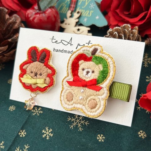 クリスマスセット　A 刺繍　ヘアクリップ　ピンバッチ