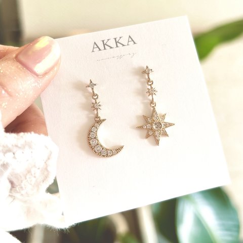 Star&moon antique bijou earrings  星と月のアンティークビジュー樹脂イヤリング      アシンメトリー樹脂ピアス金属アレルギー対応ノンホールピアスムーンスター可愛い