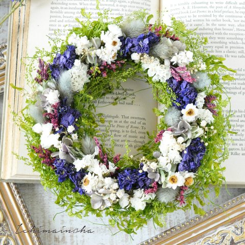 ✽自然を感じる✽上品なブルーのボタニカルリース【botanical wreath M～yellow～】