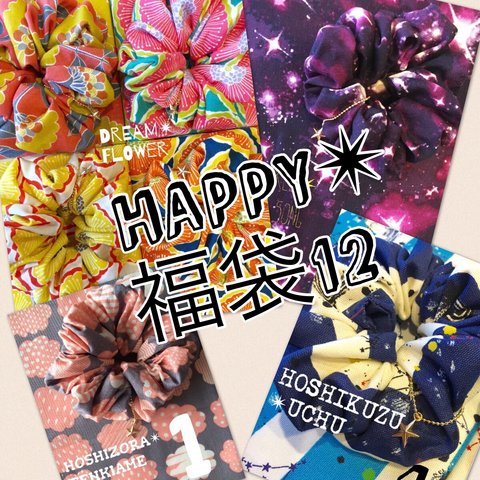 ！大特価✴︎HAPPY福袋12【4点セット】/シュシュ/ビビット/花/フルーツ/星/ゴールド/送料無料/パステル/ゆめかわ/ギャラクシー/宇宙/ボーダー/雲/空/雨/惑星/ドット/ネイビー/グレー