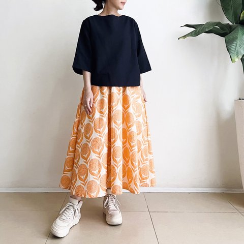 フレアースカート　* cotton Linen Orange Flower motif *