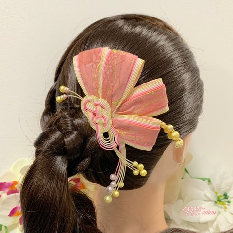 水引髪飾り・蝶リボン・ピンクゴールド