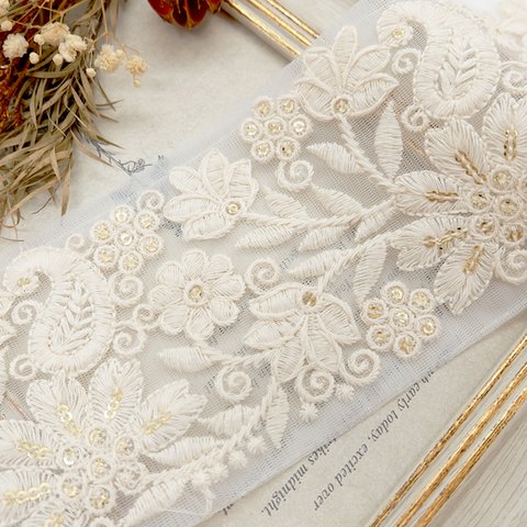 【50cm単位】インド刺繍リボン 85ｍｍ 幅広 rin-0056 ホワイト