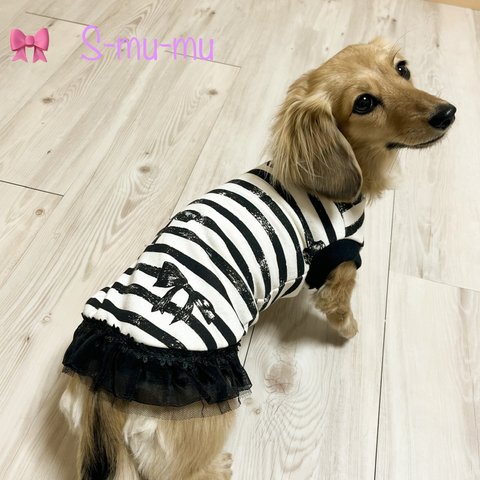 再販🐶犬服【リボンボーダーのcool😎ふりふりタンク】