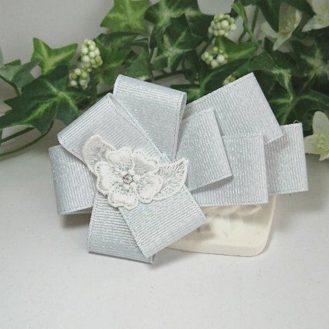 【送料込み】galette  ❇ lace  flower  (silver gray) リボンバレッタ         