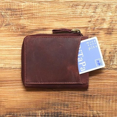 名入れ可 コンパクト ミニ財布 財布中を整理整頓。育てる財布。オールレザー L字ファスナー ワインレッド 本革 ギフト HAW015